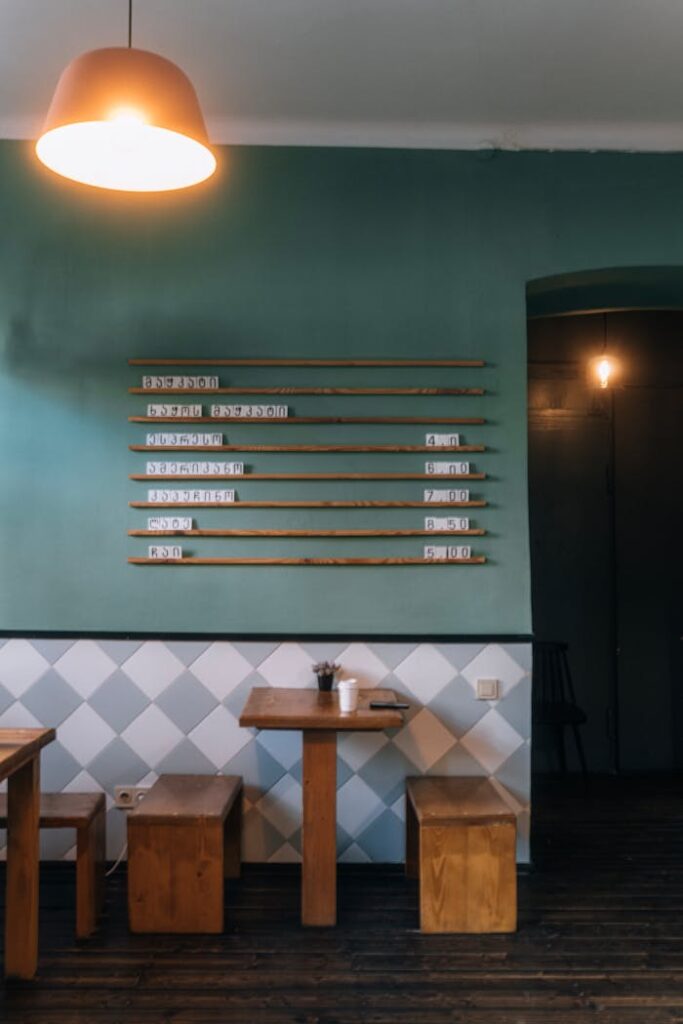 Warm and inviting cafe interior with modern decor in Tbilisi, Georgia.